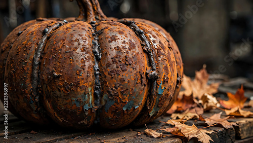 Close up rusty iron pumpkin sculpture with dried autumn leaves on rustic wooden workbench, vintage industrial corroded metal texture with welded seams.