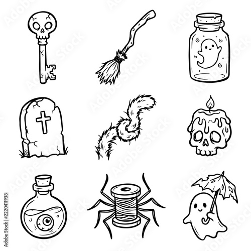 Fotografie Hand Drawn Halloween Icons and Spooky Oddities – Quirky Line Illustration Set
