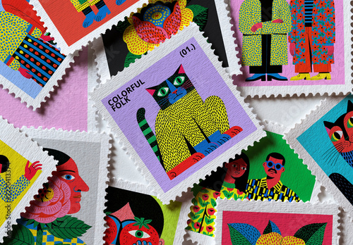 Colorful Folk Art Stamp Mockup PSD Featuring Diverse Characters