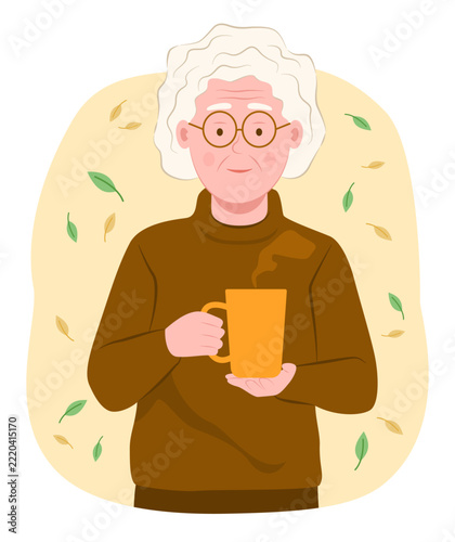 Senior Woman in Brown Sweater Holding a Cup of Hot Drinks while Living Outdoors in Autumn Season for Relaxing Lifestyle Concept Illustration Clip Art