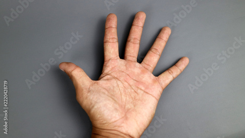 Open human palm showing five fingers flat on grey background