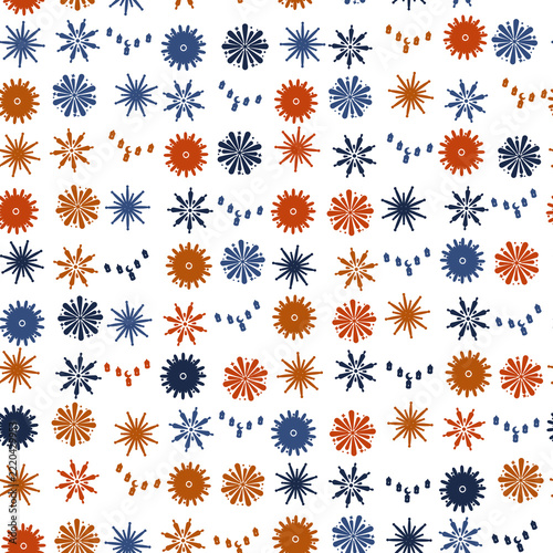 Seamless pattern of abstract starbursts and lanterns