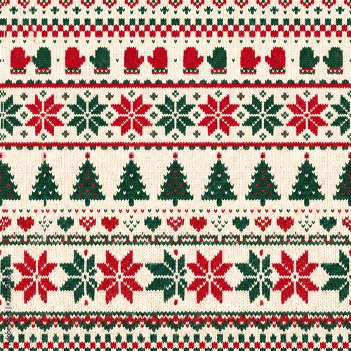 Christmas Sweater Pattern: A festive and intricate knit pattern featuring classic Christmas motifs like snowflakes, Christmas trees, and mittens, evoking a cozy and joyful holiday spirit.