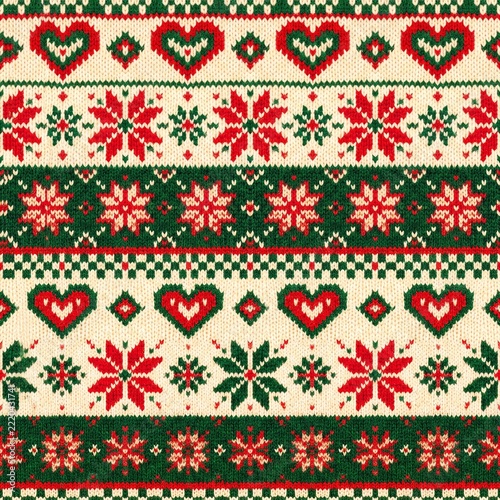 Christmas knitted pattern: A traditional Nordic-style Christmas knitting pattern featuring snowflakes, hearts, and geometric shapes in festive red, green, and cream colors.