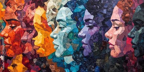 A vibrant, colorful collage of faces in various sizes and shapes, arranged on top of each other to create an abstract representation of the human race, Generative AI