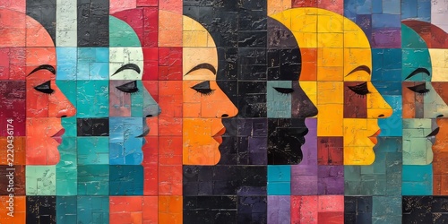 A vibrant, colorful pattern of squares and shapes representing people's faces in different shades, Generative AI