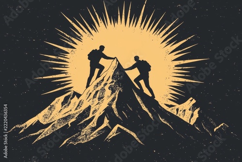 Hand drawn logo of people helping each other reach the top, mountain peak with sun rays in background, Generative AI