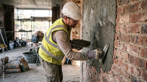 Construction worker applying cement mortar to a brick wall indoors
