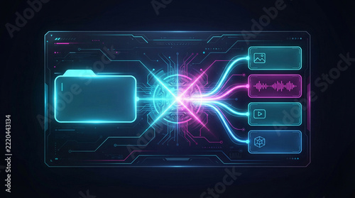 Futuristic cyan and magenta digital interface processing media files through neural core.