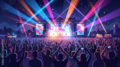Crowd of people enjoying an outdoor music concert at night