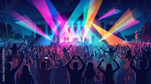 Silhouettes of a crowd at a vibrant outdoor music concert