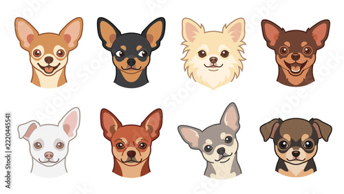 Minimalist Chihuahua Dog Portrait Vector Collection with Eight Cute Canine Faces in Flat Color Style