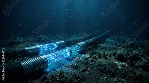 Submarine fiber optic cables transmitting data on the dark ocean floor