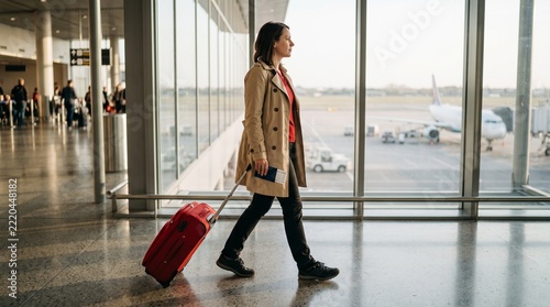 Woman walking through airport terminal with red suitcase and passport in hand