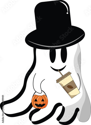 Cute cartoon ghost wearing a top hat holding a pumpkin bucket and drinking coffee for Halloween vector illustration
