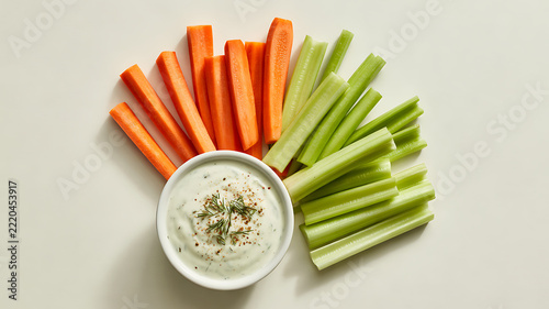 Freshly cut carrot and celery sticks arranged around a bowl of creamy herb dip on a light background
