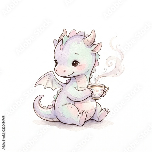 Cute baby dragon holding a steaming teacup in a whimsical watercolor