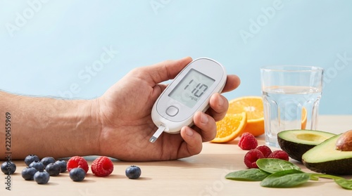 Hand holding blood glucose meter with healthy food on table