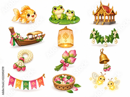 Cute Thai festival design elements set with goldfish, frogs, pavilion, longtail boat, garland, lantern, lotus, and fireflies isolated on white background