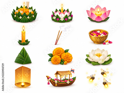 Loy Krathong festival element collection including floating krathongs, candle, incense, marigold, lantern, boat, and fireflies isolated on white background