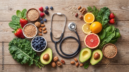 Stethoscope with healthy food and fruits on wooden table
