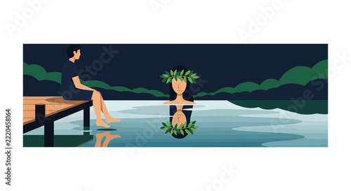 Man Sitting on Pier Watching Water Nymph Emerge from Lake at Night Flat Illustration