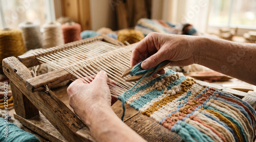 hands weaving on small wooden loom with colorful yarn