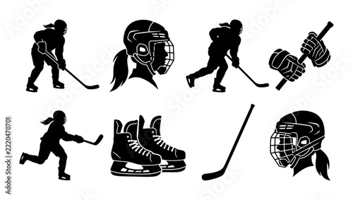 Photography Ice hockey player silhouettes set with helmet, skates, stick and hands for sport