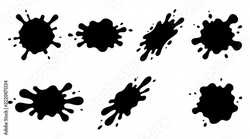 Black ink splatters and paint splashes collection with liquid drops and messy grunge stains isolated on a white background for creative designs