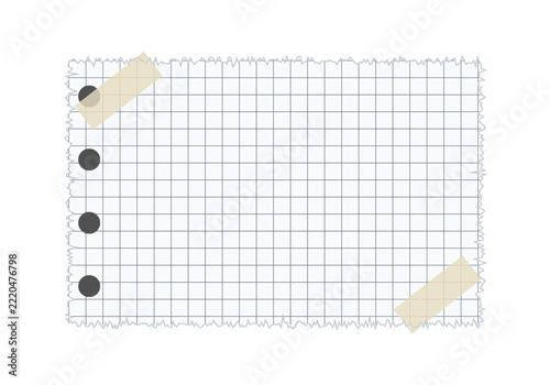 Grid paper note with binder holes and adhesive tape isolated on transparent background