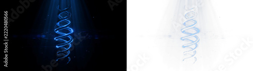Abstract glowing dna helix rotating with light rays on black and transparent background