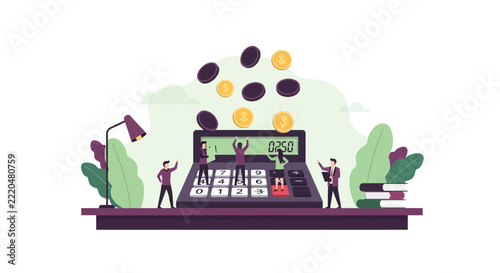 Business Team Managing Finances and Budget Planning with Large Calculator and Falling Coins Illustration