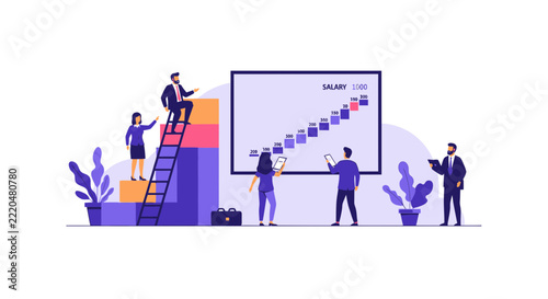 Business Professionals Climbing Career Ladder and Analyzing Salary Growth Chart Illustration