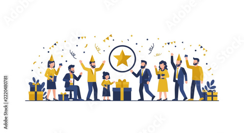 Diverse Group Celebrating Success with Gold Star and Gifts Vector Illustration