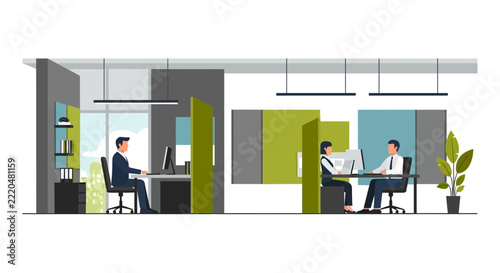 Modern Office Workspace Illustration with Business Professionals at Desks