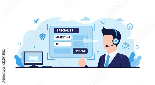 Professional Specialist Offering Expert Marketing, IT, and Finance Consulting Services. Flat Vector Illustration for Customer Support, Recruitment, and Business Help Desk Themes.