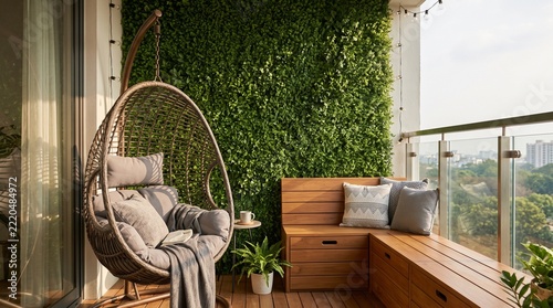 Modern Balcony with Hanging Swing and Stylish Wooden Bench 1
