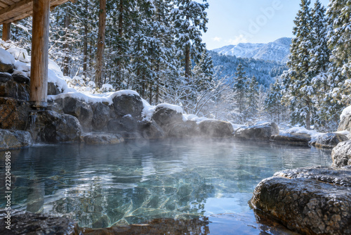 Open Air Hot Spring Bath Surrounded by Snowy Cedars