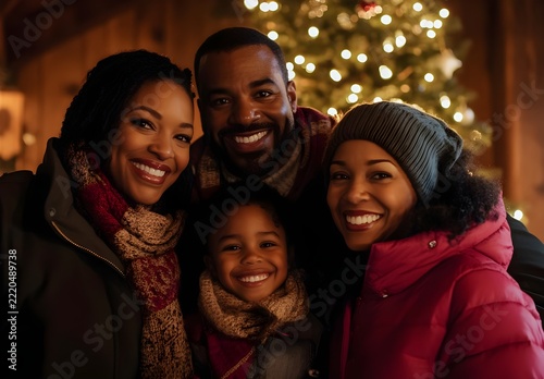 Happy African American Family by Christmas Tree