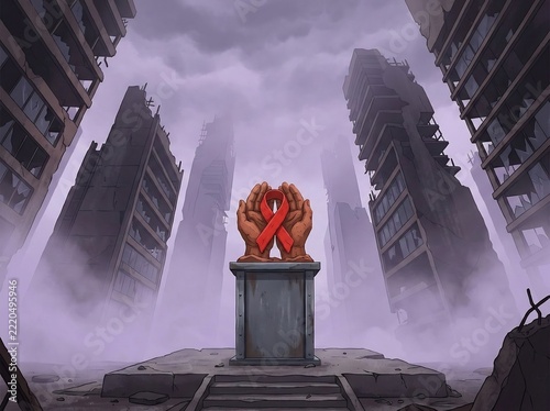 Hiv Awareness Red Ribbon Monument in a Desolate Destroyed Cityscape