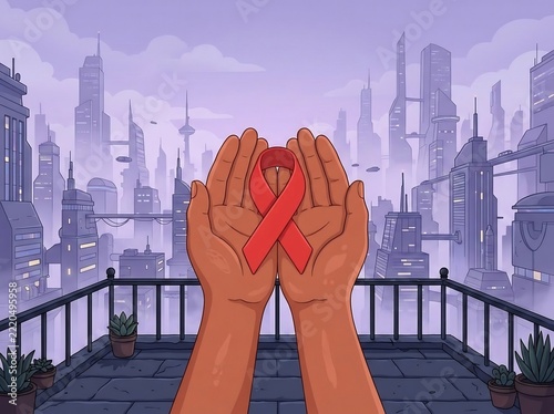Hiv Awareness Red Ribbon Held in Hands with Futuristic City Skyline