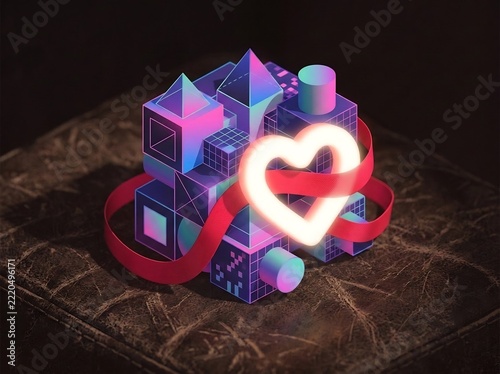 Heart Glowing with Red Ribbon and Isometric Shapes 3d Render
