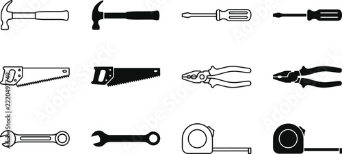 A collection of essential hardware tools represented as simple black and white icons