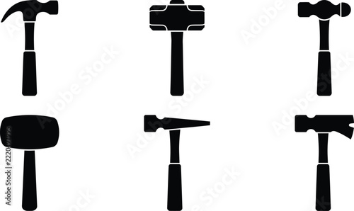 Variety of black silhouette hardware hand tools including different types of hammers