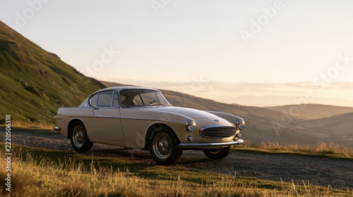 Vintage Coupe on a Scenic Hillside: A classic beige coupe, a timeless symbol of automotive design, is parked on a dirt road overlooking a misty valley at sunrise.