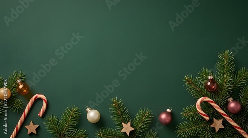 Christmas fir branches and candy canes border on dark green background