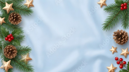 Christmas fir branches and pinecone frame on light blue silk background