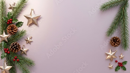 Christmas star ornaments and fir branches frame on purple background