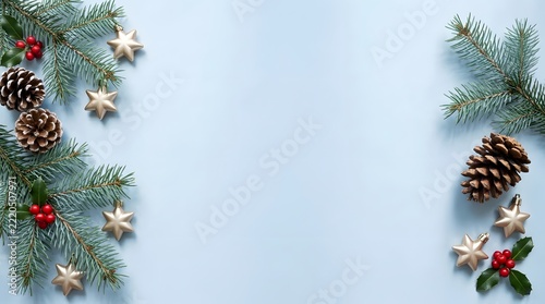 Christmas pinecone and fir branches frame on light blue background