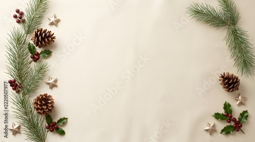 Christmas pinecone and fir branches frame on off white background